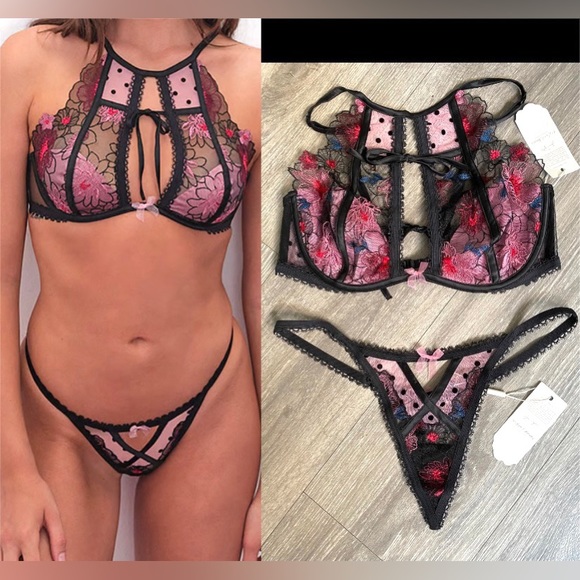 NWT Love and Lemons High Neck Bra and matching thong lingerie set 34C / MEDIUM - Picture 1 of 13